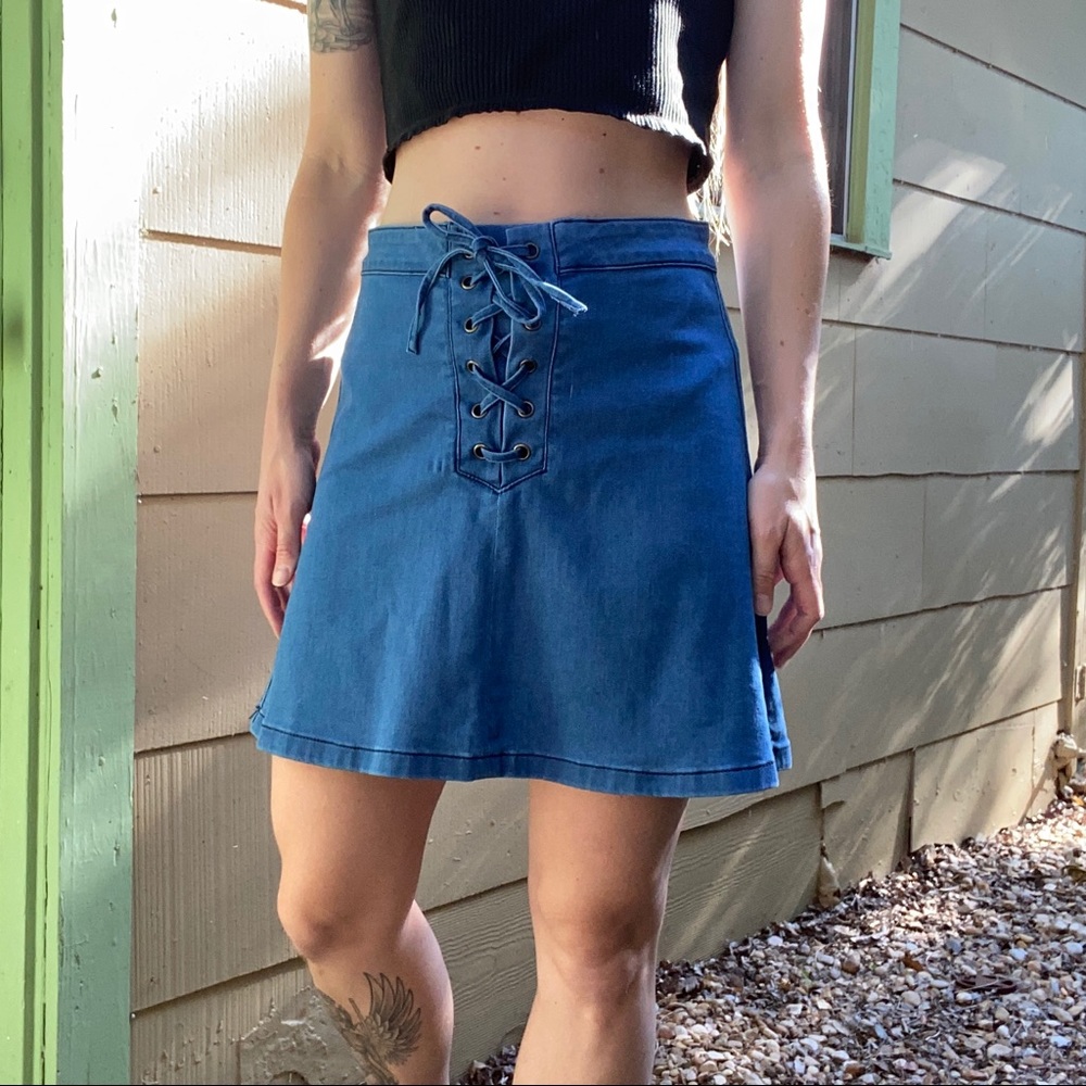 Guess High Waisted Soft Denim Skirt Lace-up